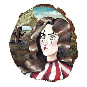 Vintage Original Harlequin Surrealist Portraiture Wood Slice Painting Folk Art